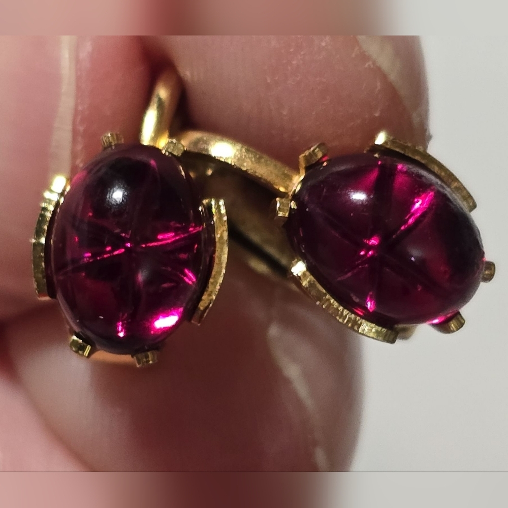 Vintage earrings, gold-plated, with created Ruby stones, clip-on